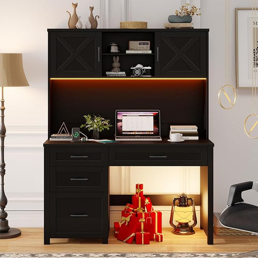 Farmhouse 67" H Executive Desk with Hutch,Computer Desk with 4 Drawers and LED light, Office table with Storage Cabinet & File Drawers and Charging Station,Workstation for Home Office and Study, Black