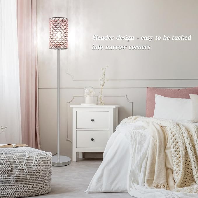 Crystal Floor Lamp for Bedroom, Silver Floor Lamp with Pink Shade, Girls Lamp with On/Off Foot Switch, Elegant Standing Light Tall Pole Lamp for Living Room, Dresser, Office (E26 Base)