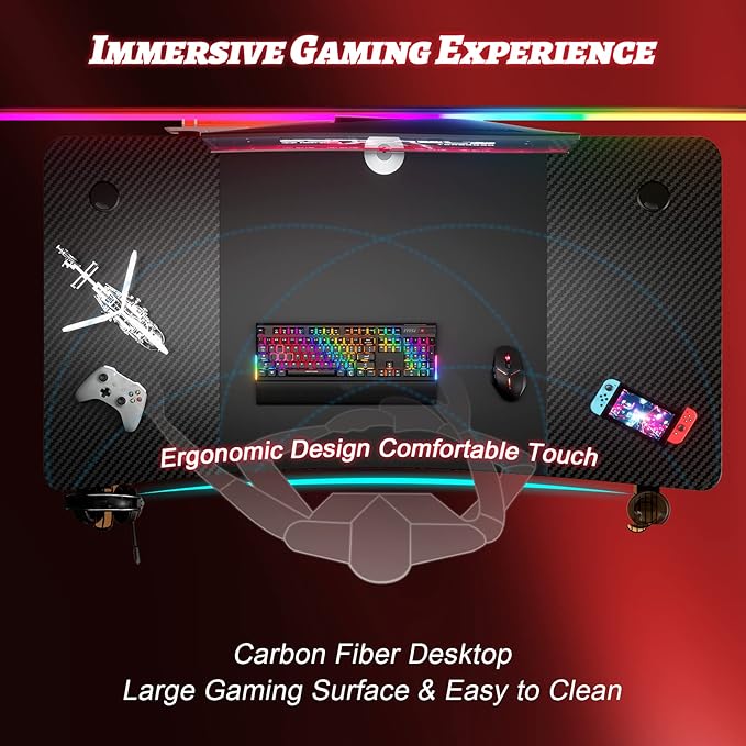 HLDIRECT 55 Inch Gaming Desk, Large Computer Desk Gaming Table with Cable Management, Ergonomic Carbon Fiber Gamer Table Pc Work Home Office Desks with Cup Holder & Headphone Hook & Mouse Pad, Black