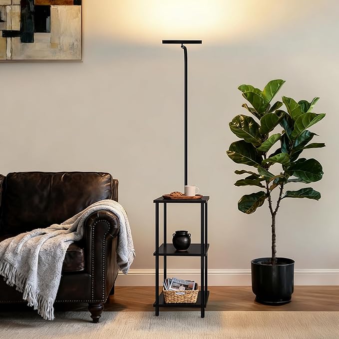 LED Floor Lamp with Table, 25W/3000LM Super Bright Floor Lamp with Remote, End Table with Lamp Attached Stepless Dimmable, Side Tables with Lamp with 350° Rotating Head for Living Room Bedroom Office