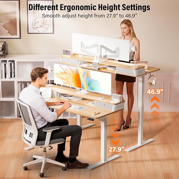 Kingant 35 x 20 Inch Small Electric Standing Desk with Dual Drawers, Height Adjustable Sit to Stand Computer Desk with Storage Shelf and C-Clamp Mount Compatibility for Home Office, Nature