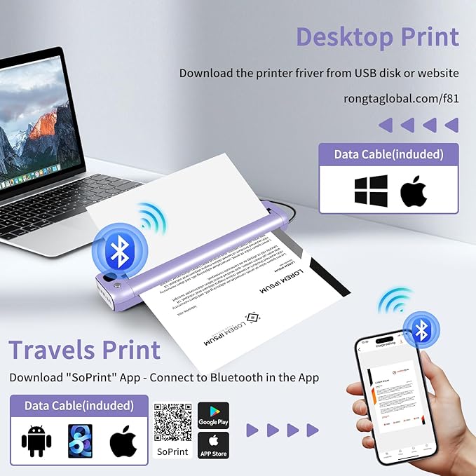 Rongta Portable Printer, Bluetooth Inkless Thermal Printer Wireless for Travel, Compatible with Android iOS Phone & Laptop, Supports 8.5" X 11" US Letter for Office, Home, Car, F81 (Purple)