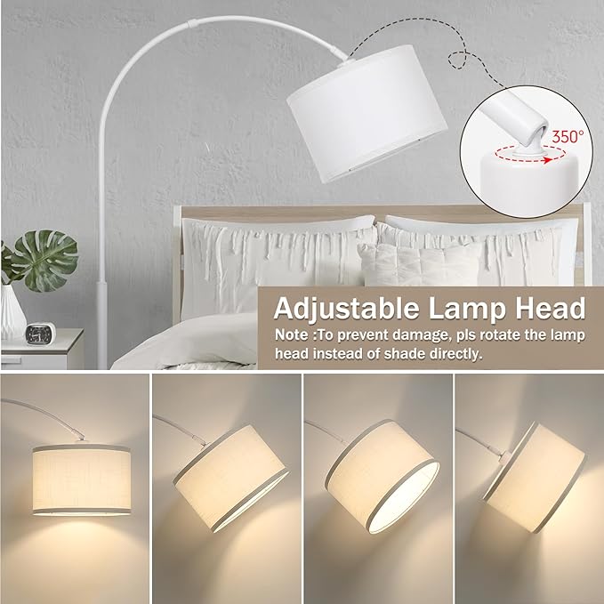 Seaside village Standing Lamp for Living Room, Dimmable Arc Floor Lamp with White Adjustable Hanging Shade, Modern Pole Lamp Tall Reading Light for Bedroom, Over Couch, Office, 9W LED Bulb Included