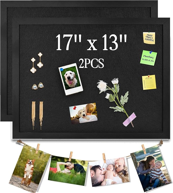 Black Bulletin Cork Board With Felt, 17"x13" Large Display Pin Vision Board for Walls, Jewelry, Notes, Collection, Photos, Office, Wood Framed, 2pc