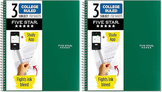 Five Star Spiral Notebook + Study App, 3 Subject, College Ruled Paper, Fights Ink Bleed, Water Resistant Cover, 8-1/2" x 11", Green (72067), 150 Sheets (Pack of 2)