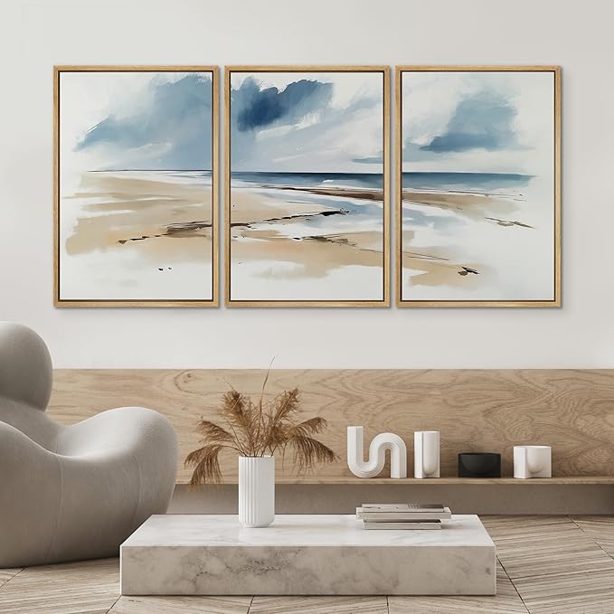 SIGNWIN Framed Canvas Print Wall Art Set Coastal Beach Horizon Blue and Tan Seascape Illustrations Modern Art Decorative Boho Relax/Zen Nordic for Living Room, Bedroom, Office - 24"x36"x3 Natural