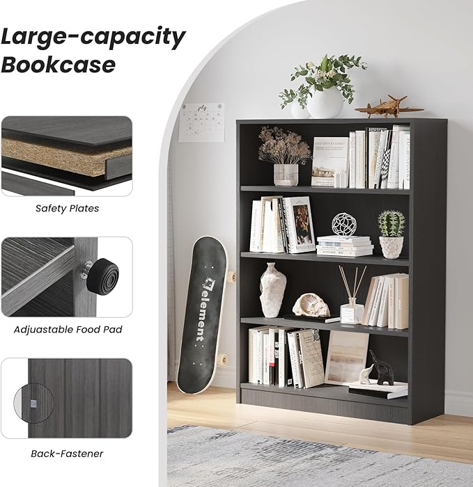 Bookcase Adjustable Storage Shelves,4-Tier Modern Wood Bookcase for Bedroom,48-Inch Bookshelf, Office, Living Room & Library(Crey)