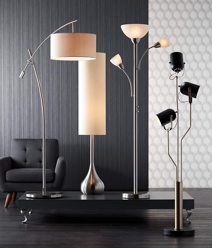 Possini Euro Design Modern Standing Arc Floor Lamp Adjustable Boom Arm 69" Tall Brushed Nickel Off White Linen Fabric Drum Shade Decor for Living Room Reading House Bedroom Home
