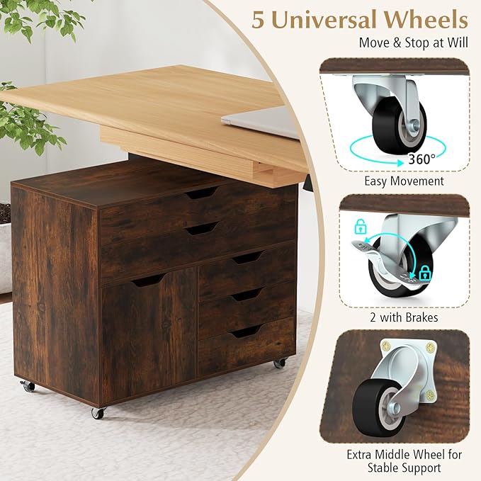 File Cabinet, 5 Drawer Filing Cabinet with Door, Mobile Storage Organizer, Wooden Printer Stand on Wheels for Study Home Office Living Room (Rustic Brown)