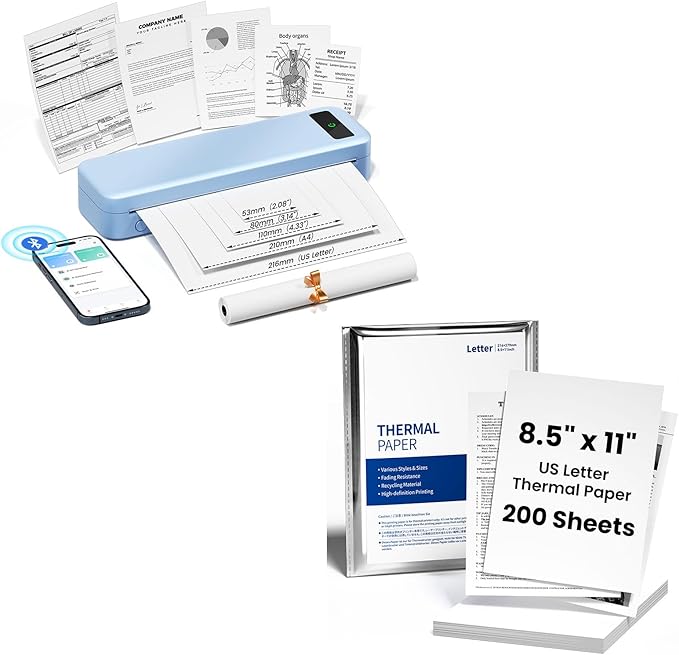 TATTMUSE Inkless Portable Thermal Printer Blue & 200 Sheets 8.5" x 11" US Letter Thermal Paper, Compatible with iPhone Android Laptop for Home Office