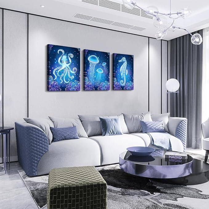 blue Ocean Life Theme Canvas Prints Wall Art Paintings for Living Room Wall Artworks Sea Animal sea horse Octopus jellyfish Pictures Bedroom Decorations 3 Panels Home bathroom Wall decor posters