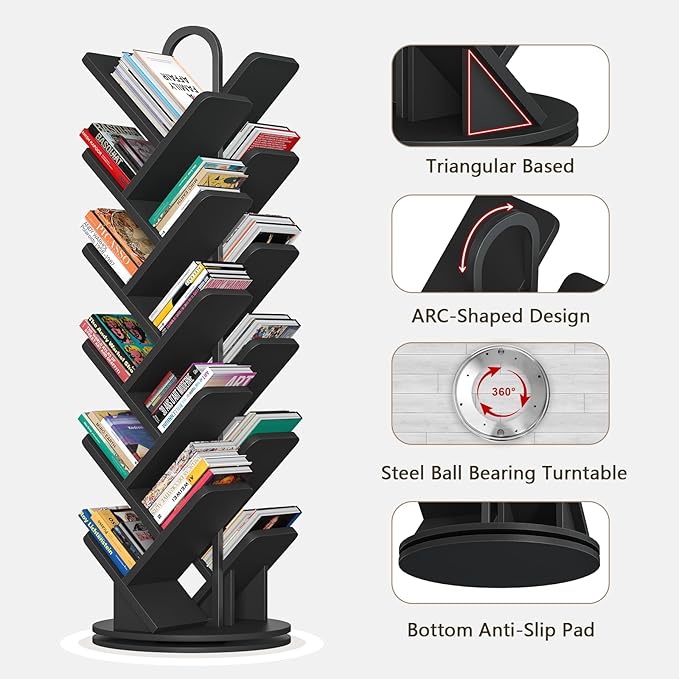 TVU 20-Tier Tree Rotating Bookshelf, 360 Degree Spinning Standing Bookcase for Magazines DVDs Books, Corner Bookcase for Living Room Bedroom Study, Black