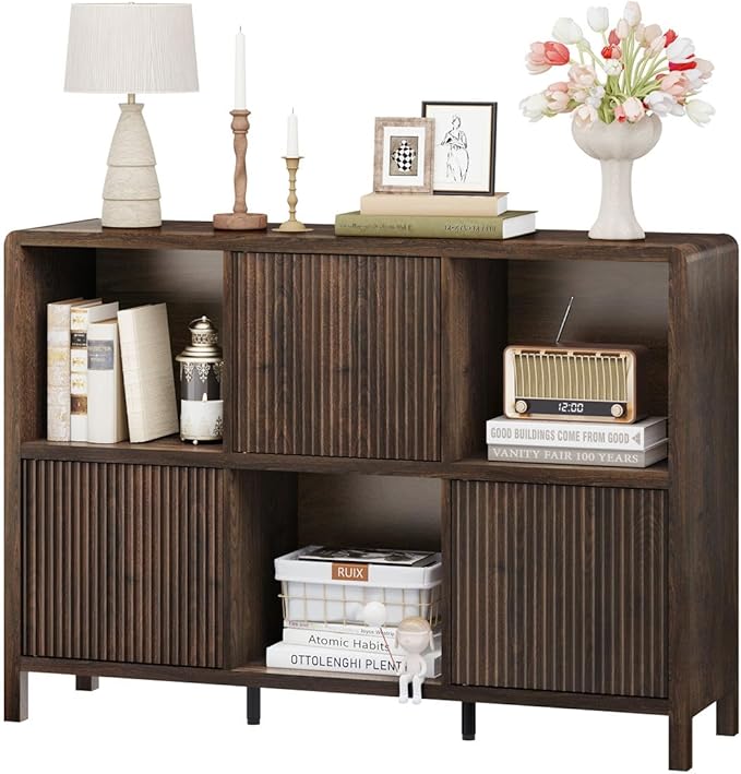 FATORRI 6 Cube Storage Organizer Book Shelf, Horizontal Bookshelf with 3 Doors, 3 Tier Wooden Bookcase for Living Room, Home Office (Dark Walnut)