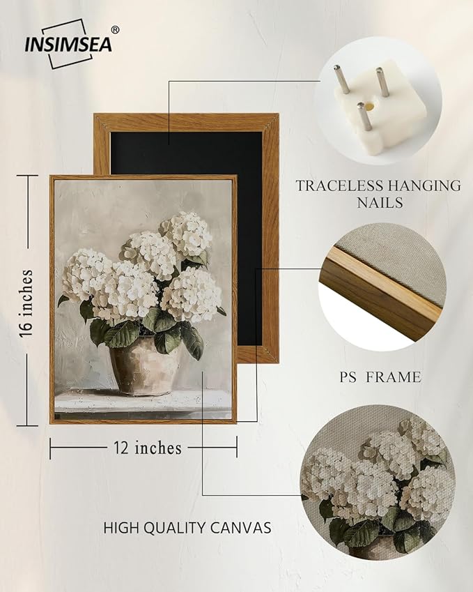 InSimSea Framed Canvas Wall Art Vintage Decor, Hydrangea Floral Pictures Bathroom Wall Decor Aesthetic, Living Room Bedroom Flower Home Retro Decorations, 12x16inch