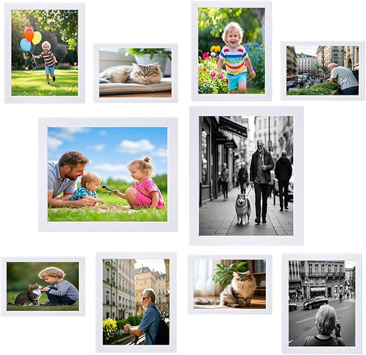Picture Frame Set 10 pack, Farmhouse Photo Frames, Gallery Wall Frame Collage, 8x10 5x7 4x6 Frames in 3 Different Finishes Picture Frames For Wall or Desk, White