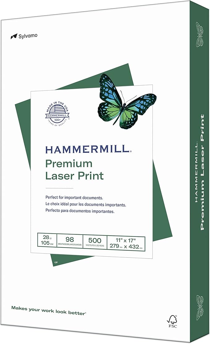 Hammermill Printer Paper, Premium Laser Print 28 lb, 11 x 17-98 Bright, Made in the USA, 125526R - 1 Ream (500 Sheets)