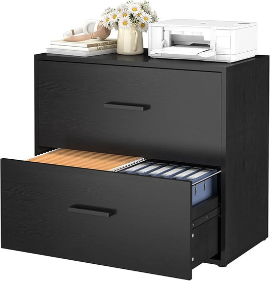 2 Drawer Lateral File Cabinet, Printer Stand Black Filing Cabinets for Home Office and School, Wood Rattan File Cabinet for Hanging Files/Letter/Legal Size, Black
