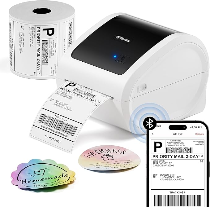 Bluetooth Shipping Label Printer with 1 Roll Labels - D520BT Thermal Label Printer, Thermal Printers with Built-in Label Holder, Come with 500PCS 4x6‬ White Labels (500 Labels/Roll)