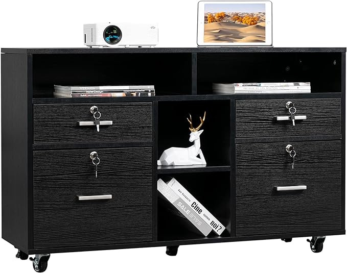 VINGLI Wood Mobile File Cabinet with 4 Drawers and Shelves, Printer Stand with Open Storage, Locking Lateral Filing Cabinet for Home Office, Black