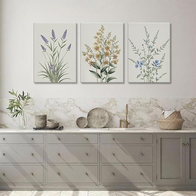 TUEASKY 3 Piece Canvas Wall Art Wildflower Wall Decor Botanical Pictures Floral Paintings Watercolor Prints Minimalist Artwork for Bedroom Bathroom Living Room