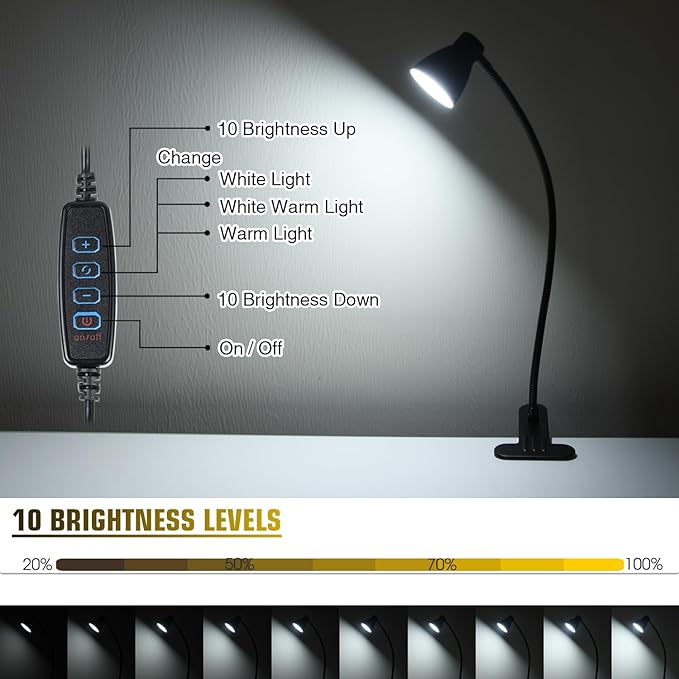 CRI 90+ Clip on Reading Light, Small Clamp on Desk Lamp, 3000K-6500K Adjustable Color Temperature, Gooseneck Bed Clip Light for Headboard(Adapter Included)