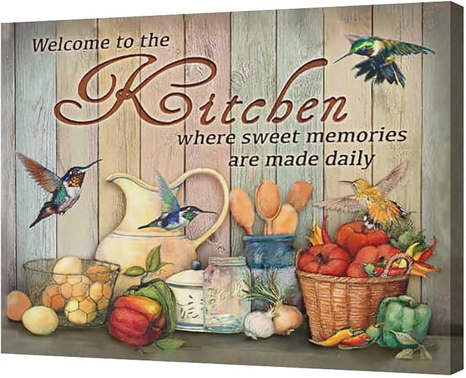Farmhouse Kitchen Wall Art Country Hummingbird Kitchen Pictures Wall Decor Rustic Vegetables Food Canvas Painting Kitchen Signs Modern Artwork Home Kitchen Decorations Framed 24"x20"