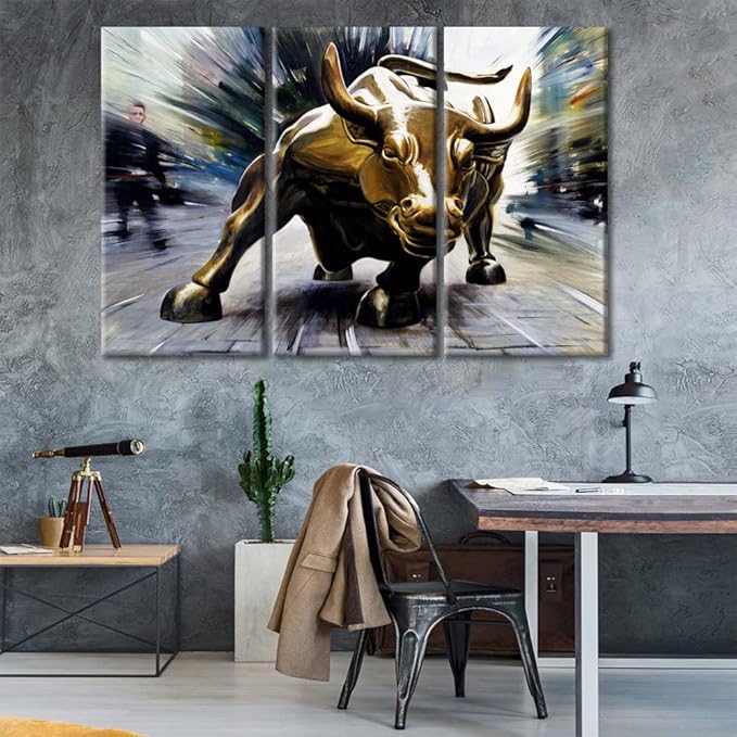 3 Panel Canvas Wall Art Prints Wall Street Bull Painting Artwork for Walls Framed Canvas Printed Modern Artwork Wall Decoration for Living Room Room Bedroom Gallery-Wrapped - 60" Wx40 H