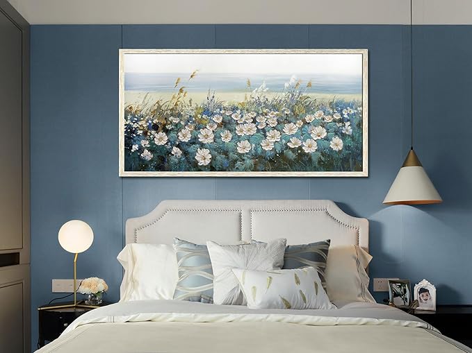 Arjun Flower Wall Art Canvas Framed Daisy Floral Textured Painting for Living Room, Bedroom Picture Artwork Dining Room Office Home Wall Decor, Large 40"x20"