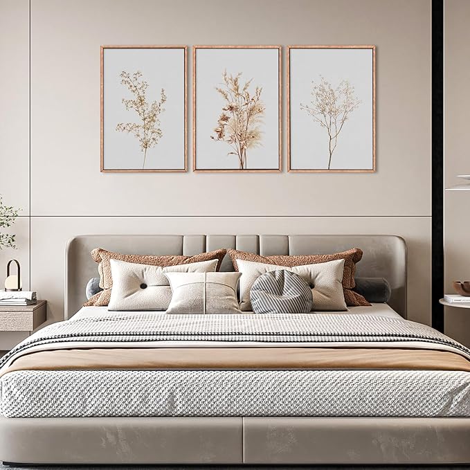 Wildflower Floral Framed Canvas Wall Art Set, Beige Botanical Wall Decor, Minimalist Nature Flower Wall Painting, Modern Boho Farmhouse Art Print for Living Room, Bedroom, Office- 24"x36"x3