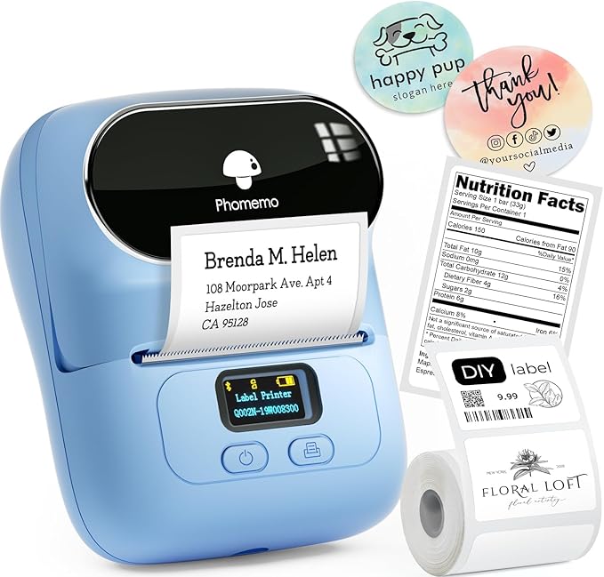 Phomemo Label Printer - M110 Barcode Printer, Upgraded Bluetooth Portable Thermal Label Maker for Product, Address, Small Business, Office, Home for Phone/Tablet/PC/Mac, with 100pcs Labels, Lake Blue