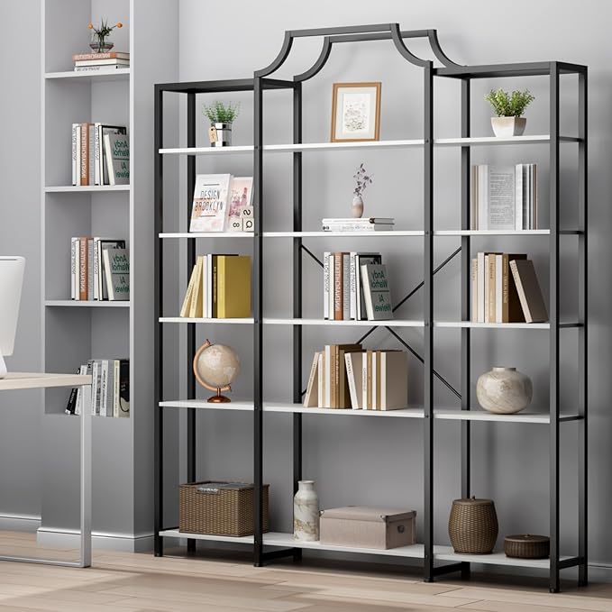 Auromie Triple Wide 5-Tier Bookshelf, 70.87" L x 79.13" H Extra Large Bookcase, Tall Open Etagere Display Shelf with Metal Frame, Freestanding Modern Storage Shelves for Home Office, Black&White