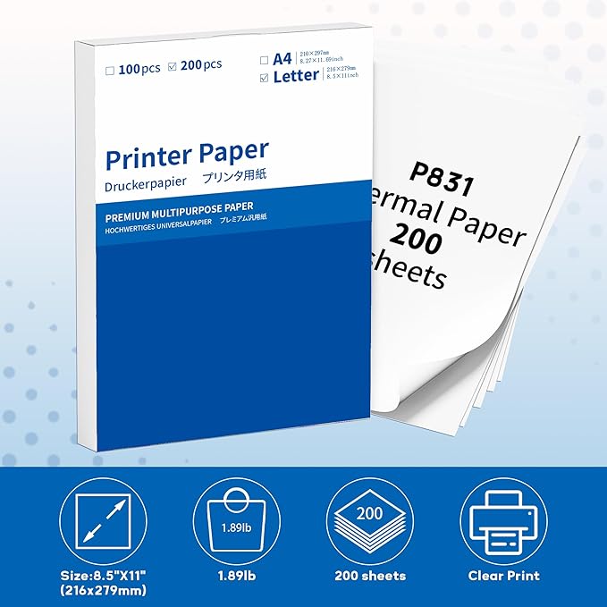 White Printer Paper 8.5 x 11 Inch,ItriAce Copy Regular Paper Compatible with Phomemo P831, HPRT MT800/Brother/HP/Canon Printer,200 Sheets US Letter Printer Papers.