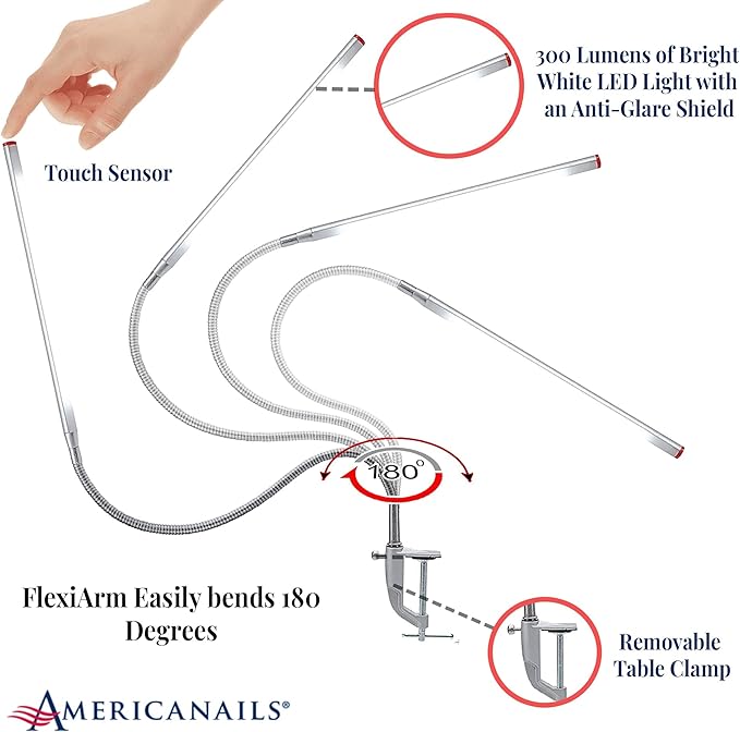 Americanails FlexiLamp Touch - LED Table Desk Lamp - Removable Clamp - Adjustable Lighting for Nail Stations - Manicure Table Light - Flexible Arm – 3 Brightness Levels - Touch Sensor - 300 Lumens
