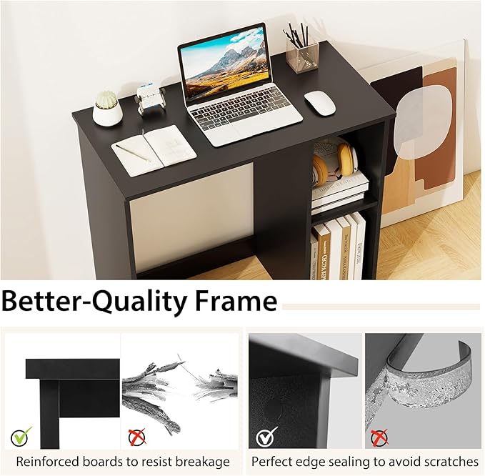 Tangkula Small Desk with Shelves, Compact Desk for Small Space, Study Writing Table with 2 Tier Shelves, Modern Simple Style Laptop PC Table (Black)
