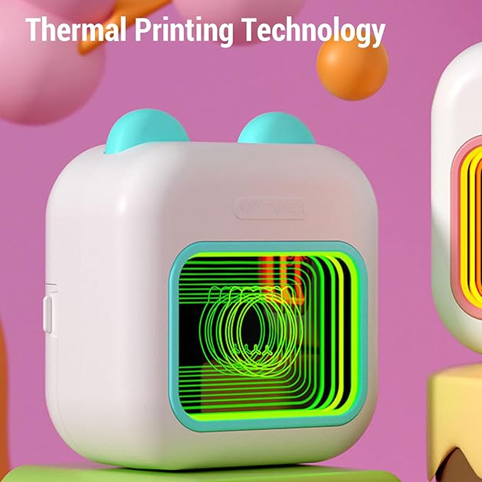 Thermal Label Printer, Mini Portable Inkless Printer with Bluetooth Connection & 7 Color Breathing Lights, Wireless Rechargeable Printing Devices for School Home Office
