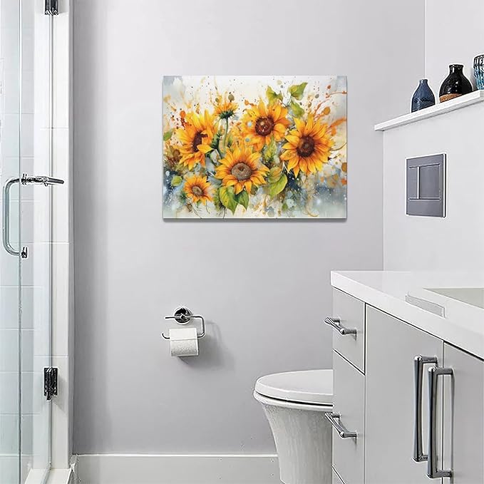 yerretin Sunflower Wall Art Watercolor Pictures Wall Decor Rustic Sunflower Canvas Farmhouse Print Artwork Home Decorations for Living Room Bedroom Bathroom Office Framed 16"x12"