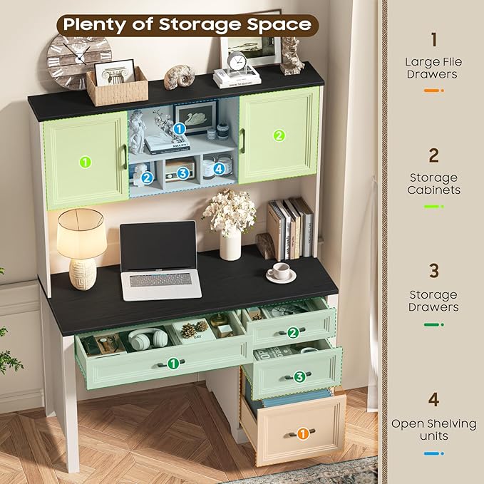 Farmhouse Executive Desk with 4 Drawers and Storage Cabinet, Rustic Large Home Writing Desk with Hutch, Workstation for Bedroom, Black.