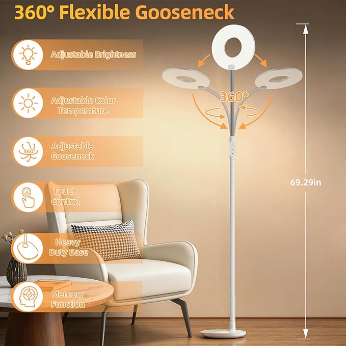 GyroVu LED Floor Lamp, Touch Control Bright Reading Floor Lamps for Living Room, 70'' Dimmable 3 Color Temperature Standing Tall Lamp with Adjustable Gooseneck for Bedroom Office Craft Sewing, White