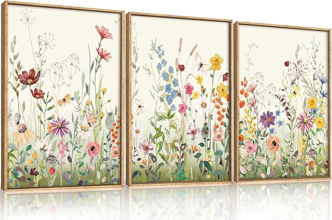 Aryroi Large Colorful Wildflower Framed Canvas Wall Art Set,Vintage Spring Flowers Green Leaf Decor,Watercolor Daisy Floral Botanical Artwork for Living Room, Bedroom,Office- 16"x24"x3