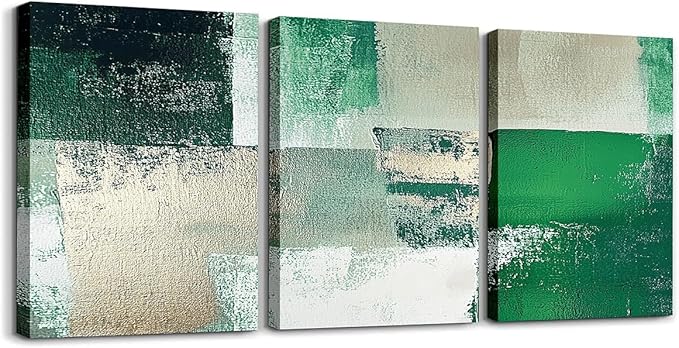 jejeloiu 12"x16"x3pcs Abstract Oil Painting Office Decorations Artwork Posters Abstract Art 3 Piece Canvas Wall Art for Living Room Bedroom Green Modern Picture Wall Decor