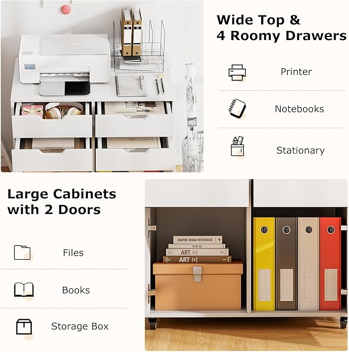 White File Cabinet with 4 Drawers and 2 Doors, Under Desk Mobile Storage Organizer, Wooden Printer Stand on Wheels, 29" Lateral Filing Cabinet for Home Office Living Room