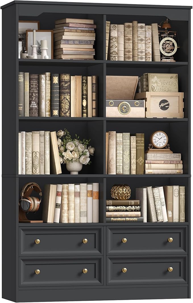 FINETONES 71" Black Bookshelf with 4 Drawers, 6-Tier Double Wide Bookshelves and Bookcases with Storage, Tall Bookshelf Large Open Bookshelves Standing Book Cabinet for Home Office, Black
