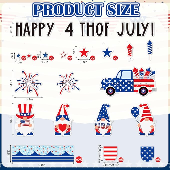 AnyDesign 4th of July Bulletin Board Decoration Red Blue Patriotic Gnome Truck Paper Cutouts with 150 Pcs Glue Points for Happy Independence Day Party Classroom Wall Decor, 72 Pcs