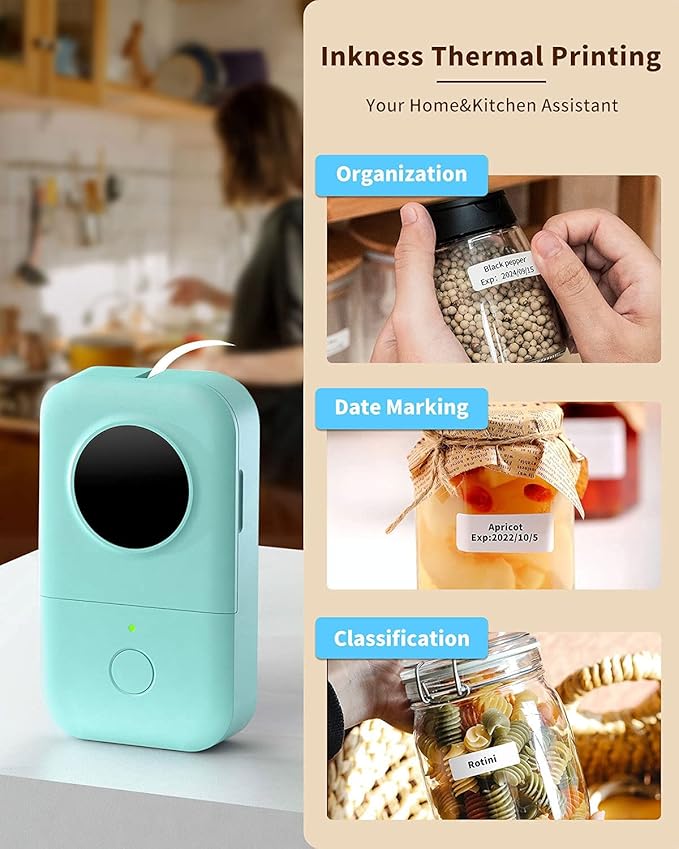 Phomemo D30 Label Maker with 1/2" X 1 1/2" (12mm X 40mm) Silver Adhesive Label Paper,for Home, Office, School, Organization, Store and More, Compatible for Android & iOS System-Green