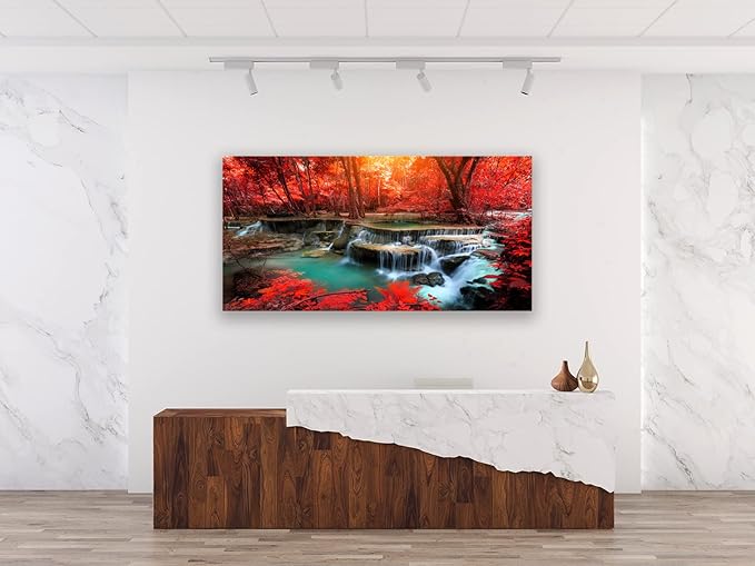 Muolunna BK03975 Wall Art Decor Canvas Print Picture Red Forest Waterfalls 1 Piece Modern Landscape Tree for Living Room Bedroom Kitchen Office Home Decorations Stretched and Framed Ready to Hang