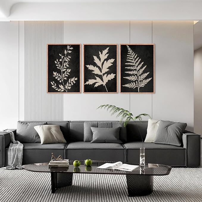 Ausril Black Tan Fern Leaf Framed Canvas Wall Art Set, Minimalist Botanical Wall Decor, Nature Fern Plant Silhouette Wall Painting, Modern Rustic Art Print for Living Room, Bedroom, Office -36"x24"x3