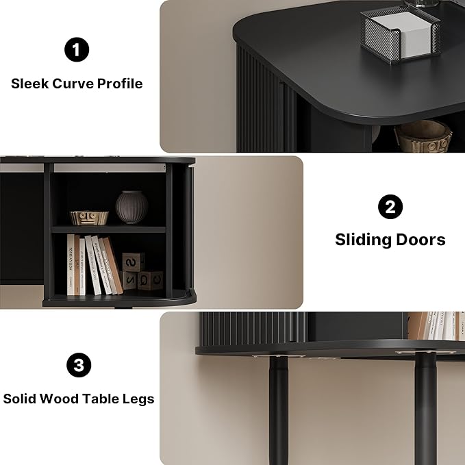 55" Modern Writing Desk with Storage, Wood Home Office Desk with Sliding Doors, Computer Desk for Home Office, Dorm, Living Room, Home Study Table, Black