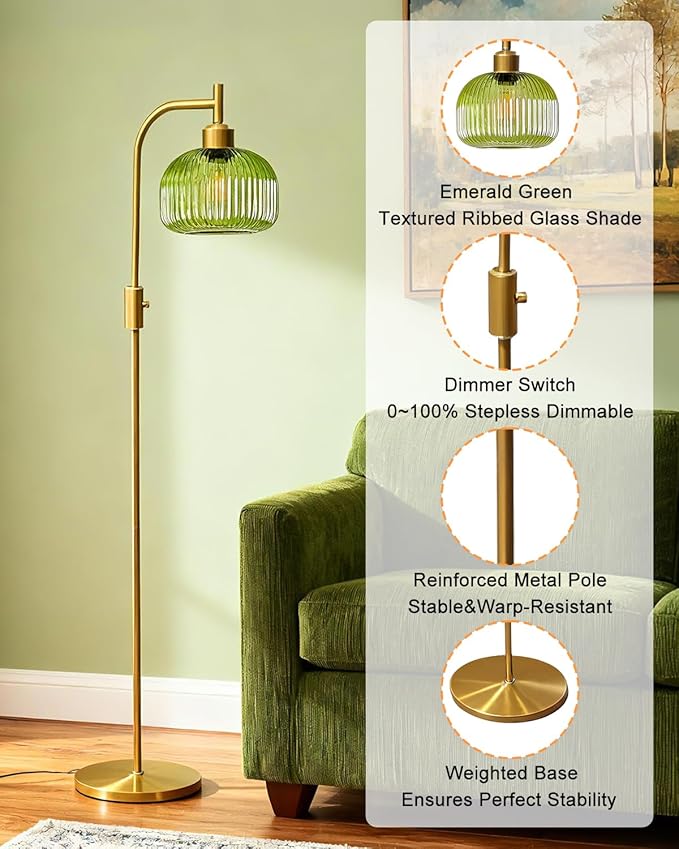Lightdot 64IN Glass Floor Lamp for Living Room, Dimmable Modern Standing Lamps with Emerald Green Ribbed Glass Lampshade&(Bulb Included), Industrial Floor Lamp for Bedroom Office/