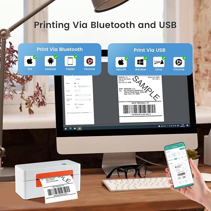 Bluetooth Thermal Label Printer, Wireless 4x6 Thermal Printers Shipping Label Printer for Small Business Shipping Package, Office, School Compatible with Amazon, Shopify, USPS, White