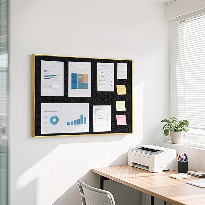 Black Bulletin Board with Linen, 36"x24", Cork Boards for Walls with Gold Aluminum Frame, Hanging Pin Board Vision Board for Home Office Kitchen Room Decor, 10 Push Pins